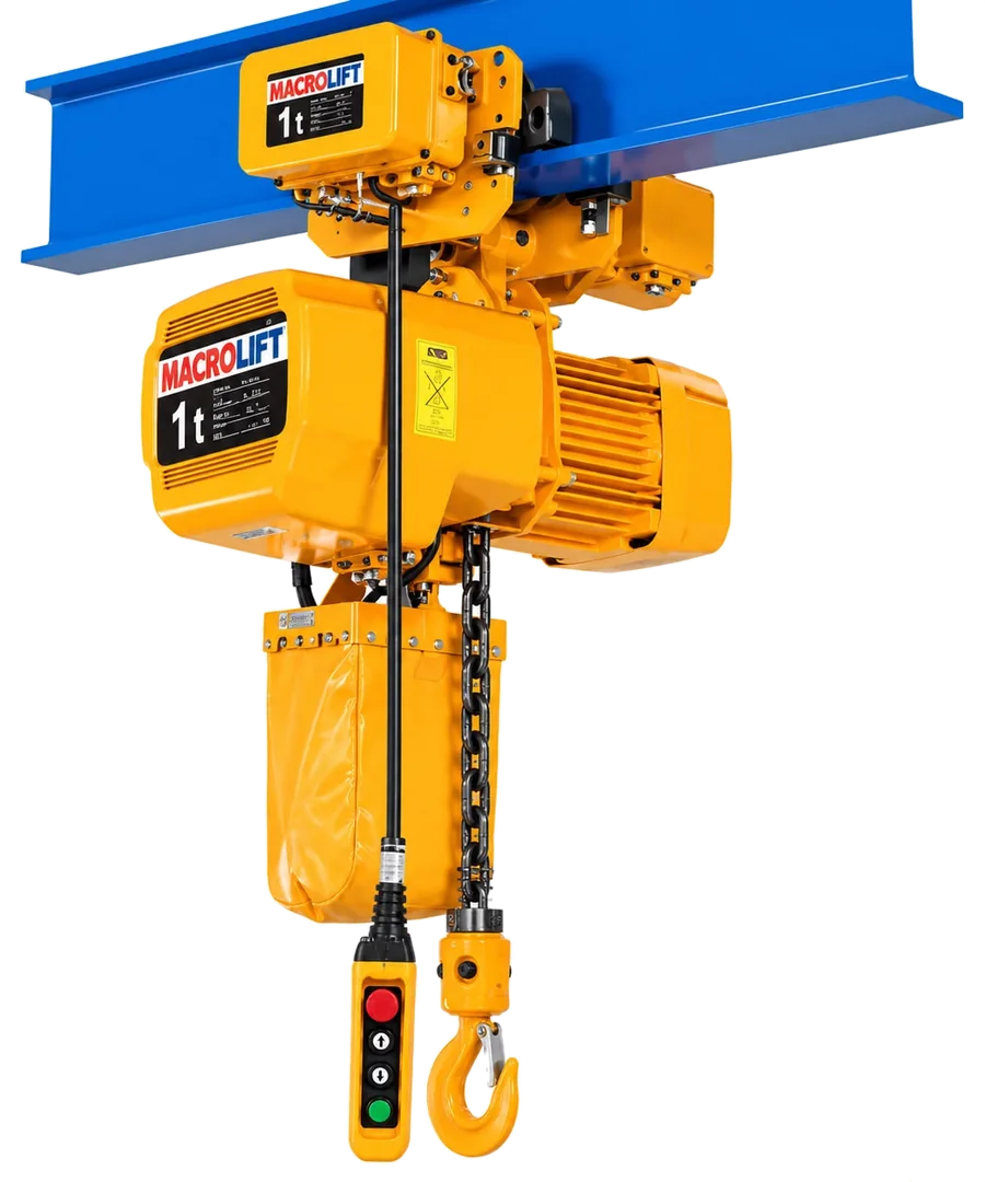 Macrolift 1 t monorail electric chain hoist with electric trolley on an I-beam
